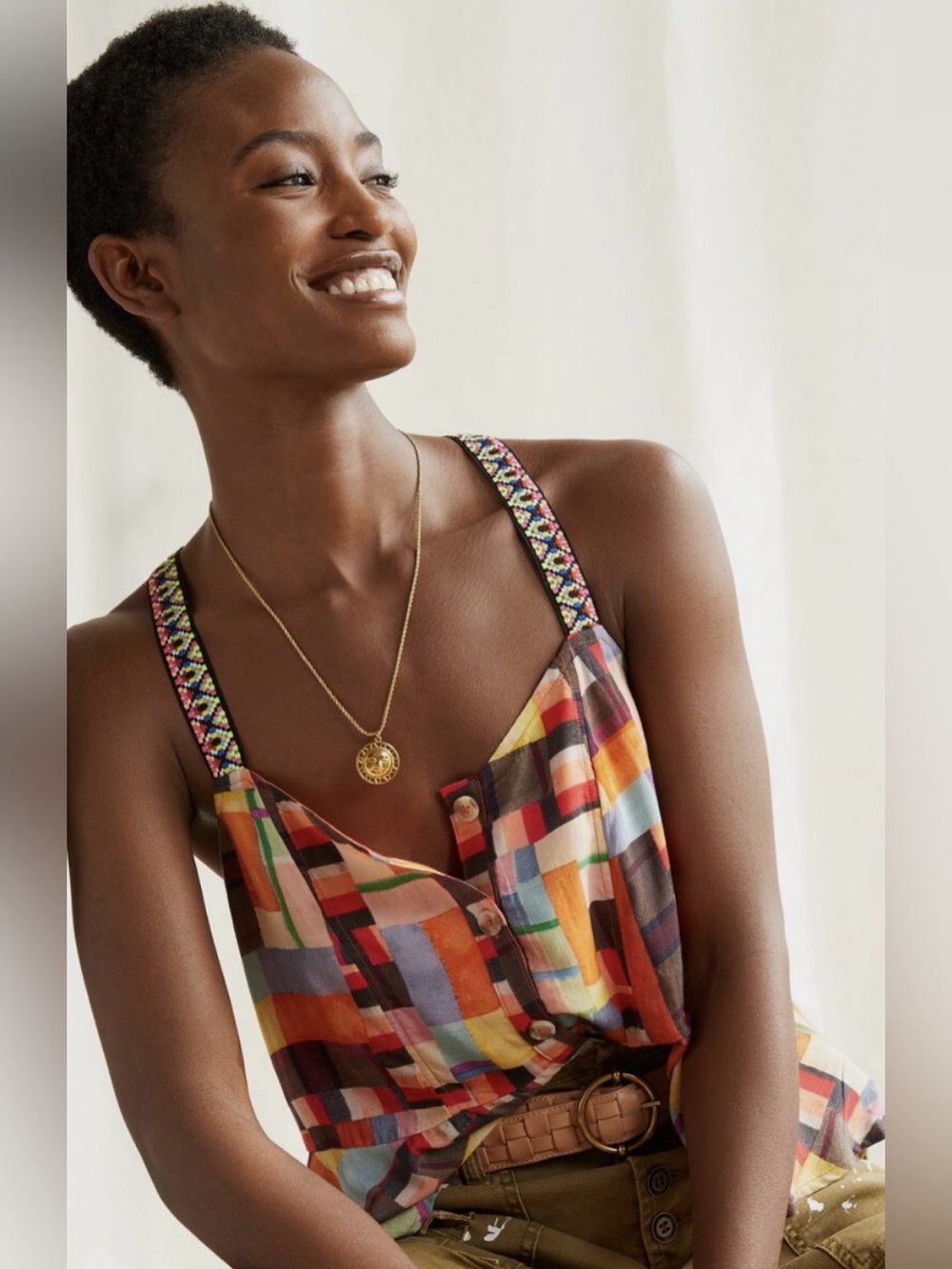 Anthropologie PILCRO Colorful Patchwork Abstract Peplum Button Tank Top SMALL - Picture 2 of 9